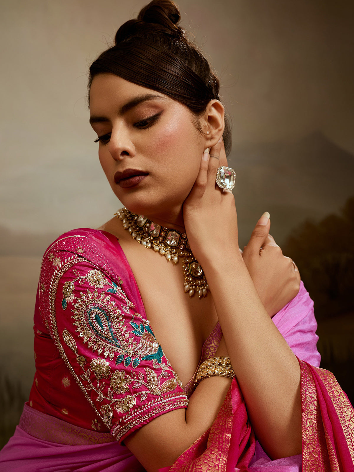 Pink shaded zari drape wedding saree elegance