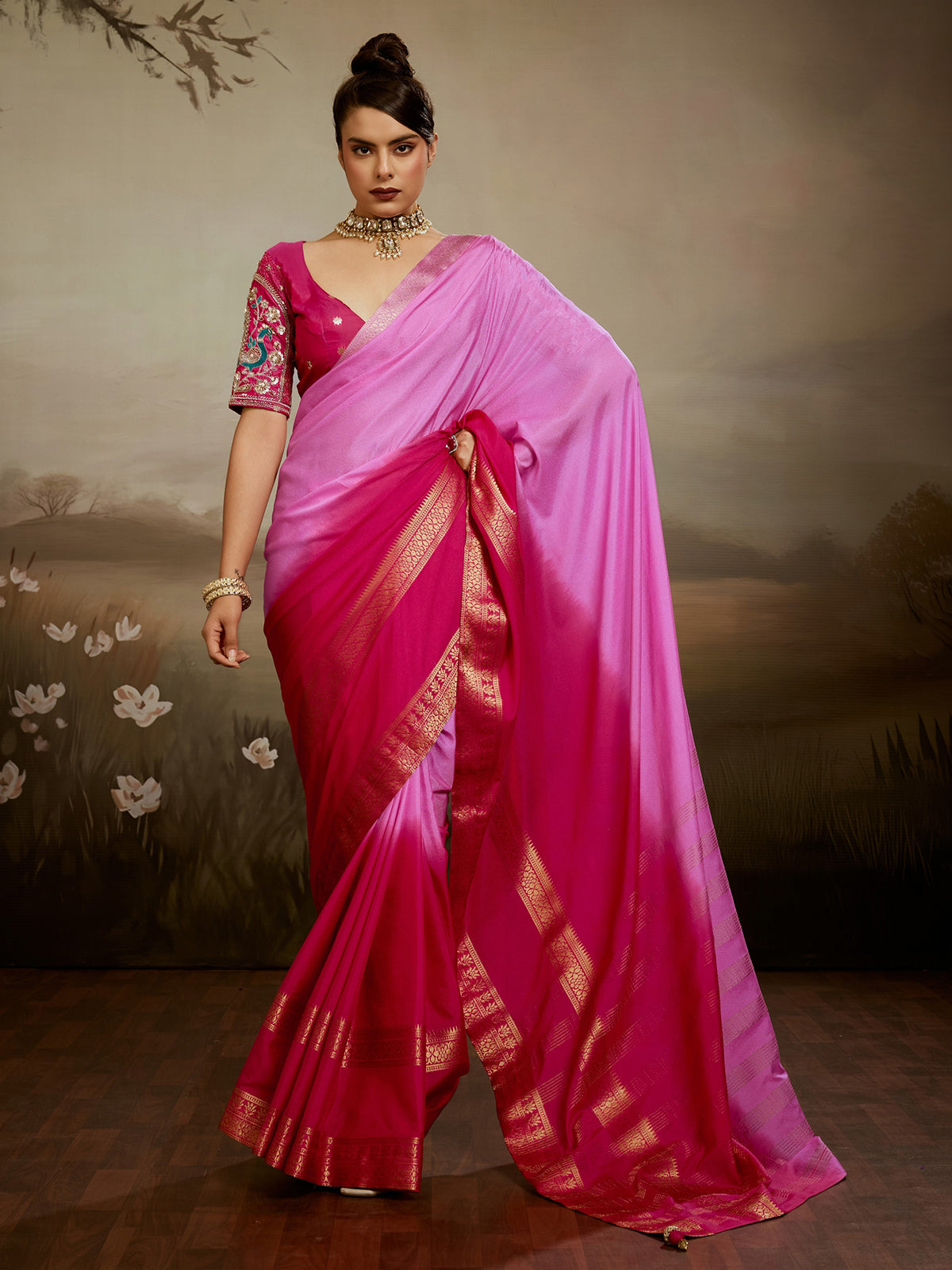 Pink shaded zari drape wedding saree elegance