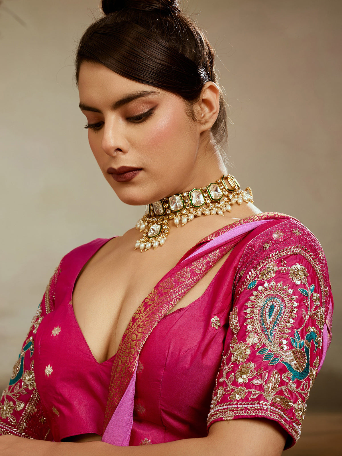Pink shaded zari drape wedding saree elegance