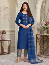 Blue cotton salwar suit with embroidery and shaded dupatta