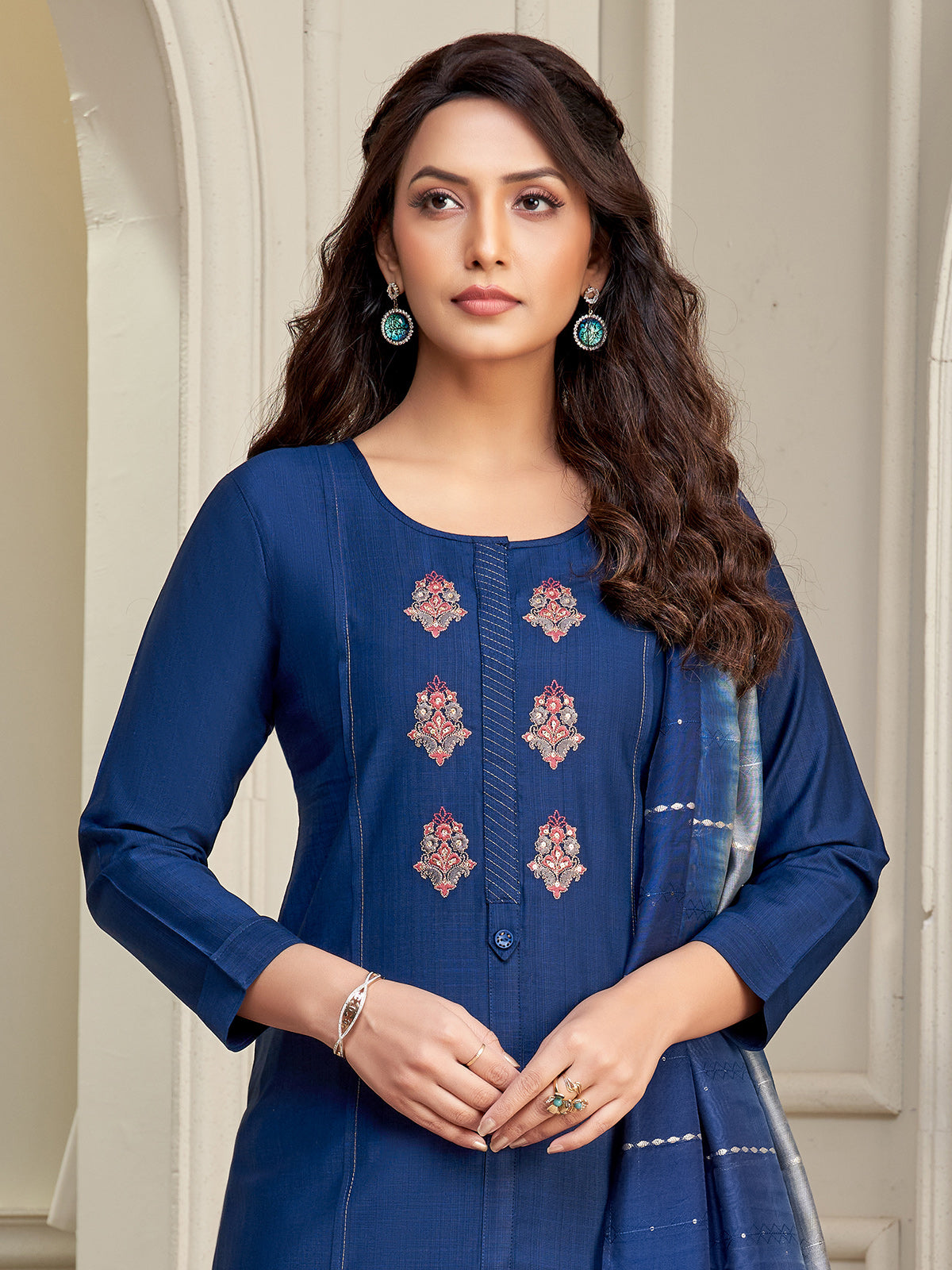 Blue cotton salwar suit with embroidery and shaded dupatta