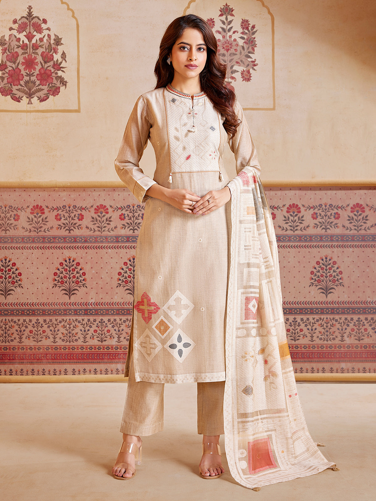 Beige cotton salwar suit with thread work detailing
