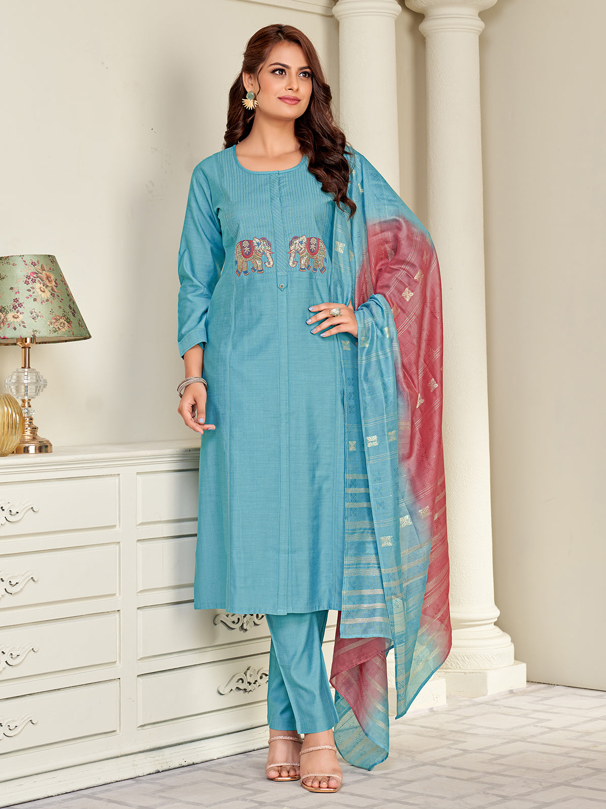 Blue cotton silk salwar suit with embroidery