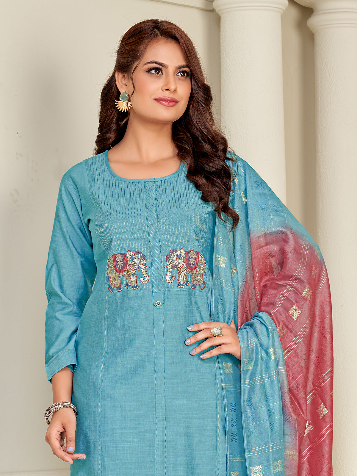 Blue cotton silk salwar suit with embroidery