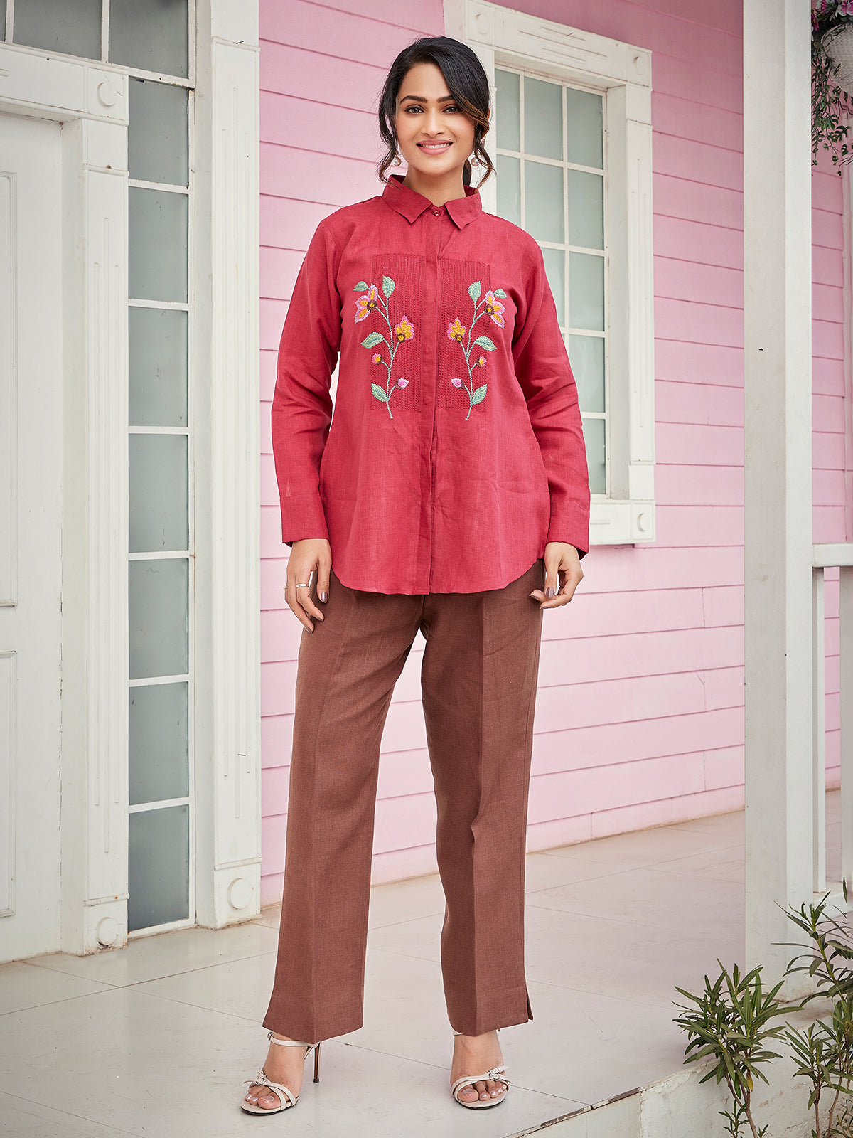 Red and brown linen co-ord set with embroidery
