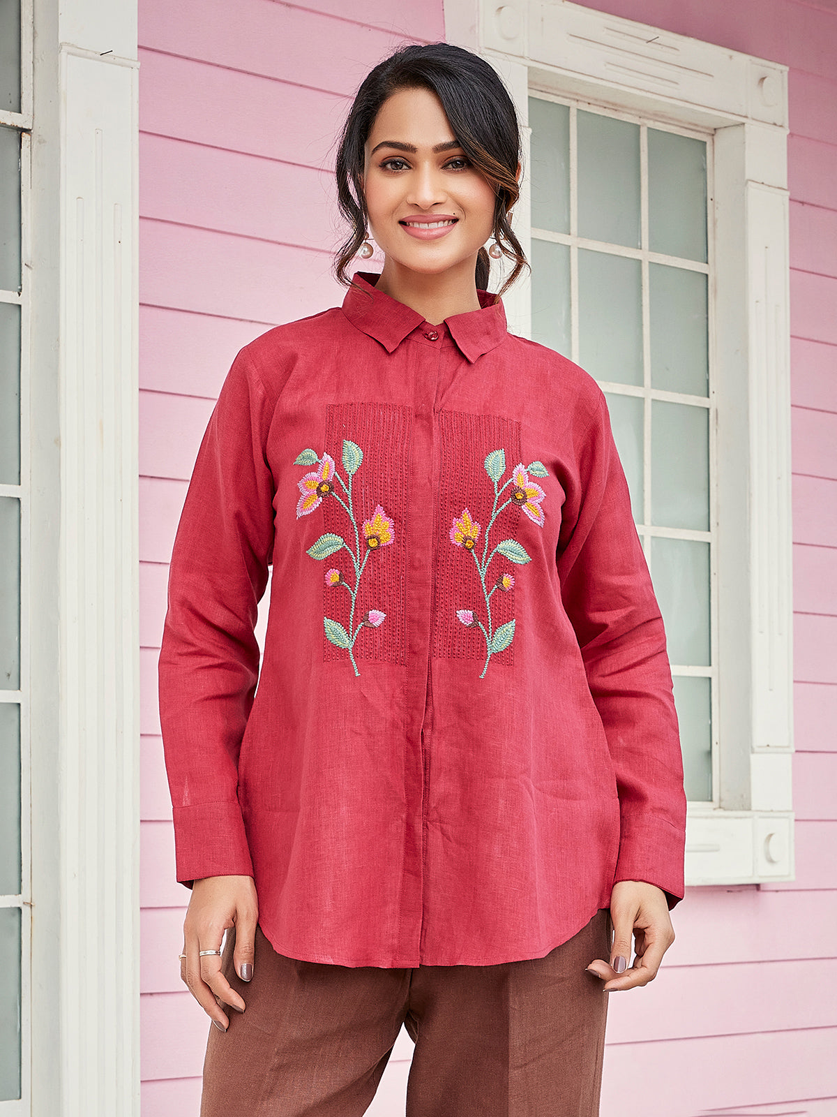 Red and brown linen co-ord set with embroidery