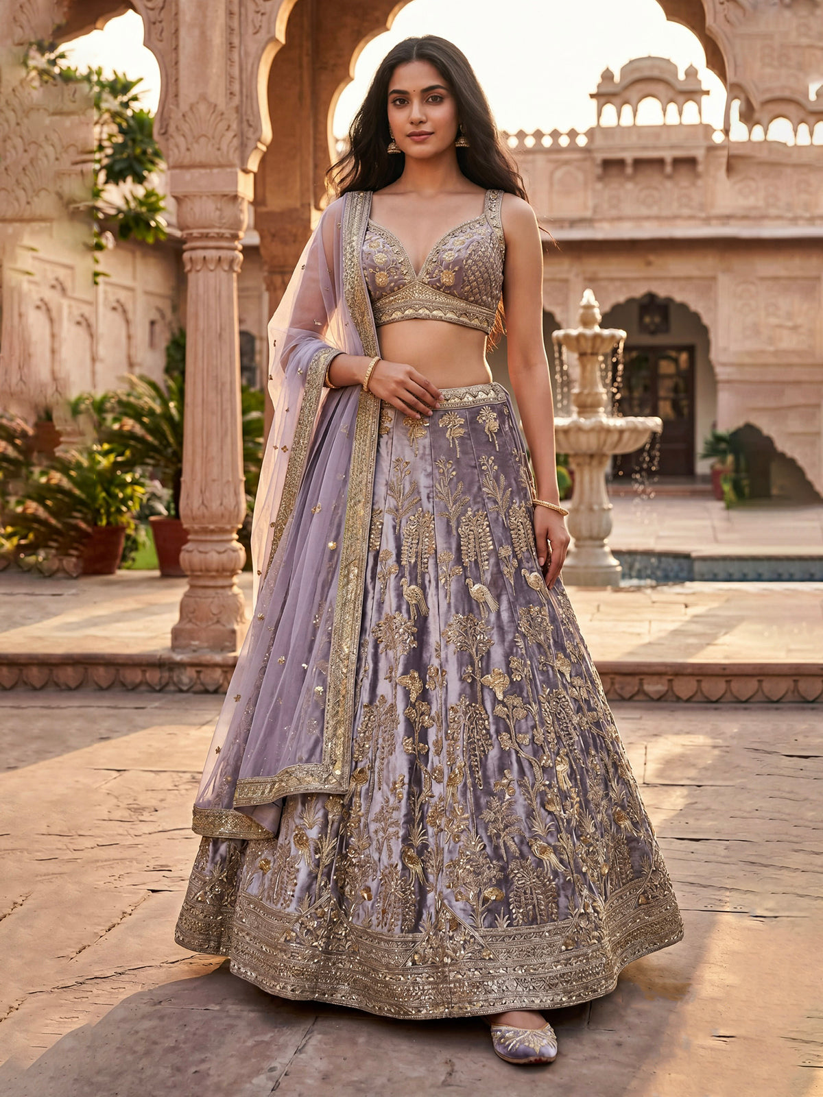 Mauve lavender velvet wedding lehenga choli with embroidery