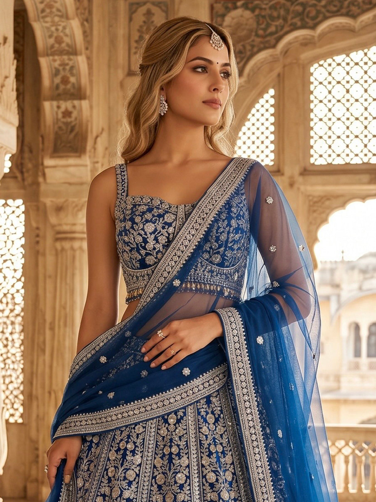 Royal blue embroidered velvet lehenga choli