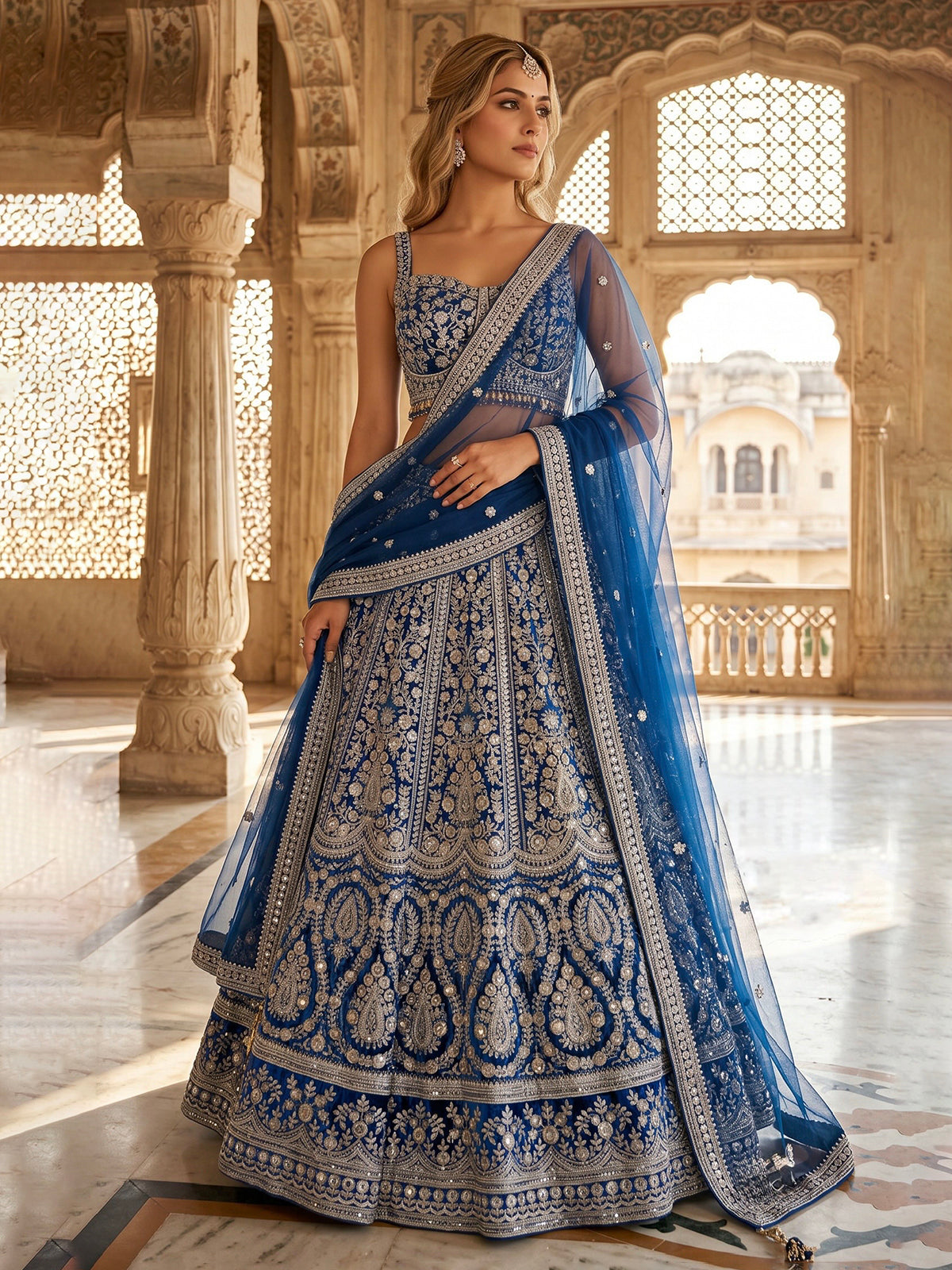 Royal blue embroidered velvet lehenga choli