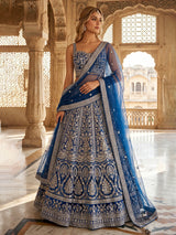 Royal blue embroidered velvet lehenga choli