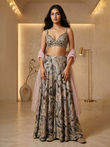 Grey crepe Indo western printed palazzo suit