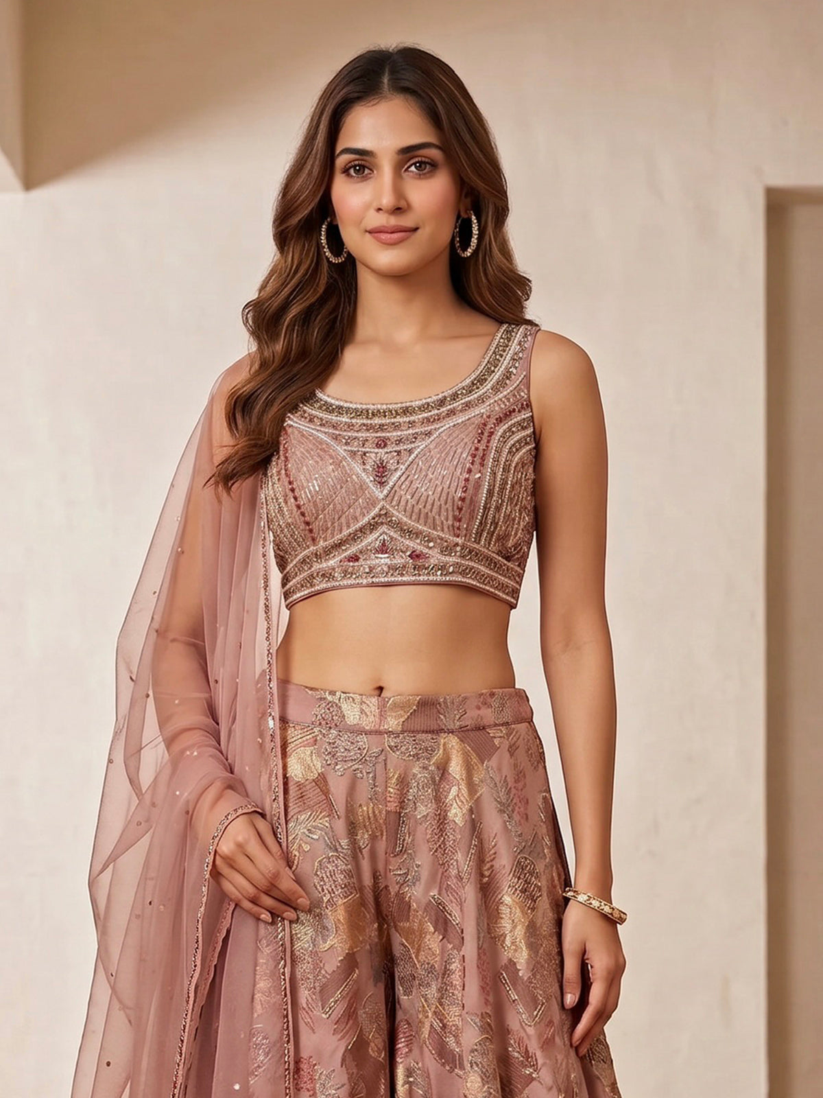 Light brown georgette printed indo western palazzo suit with