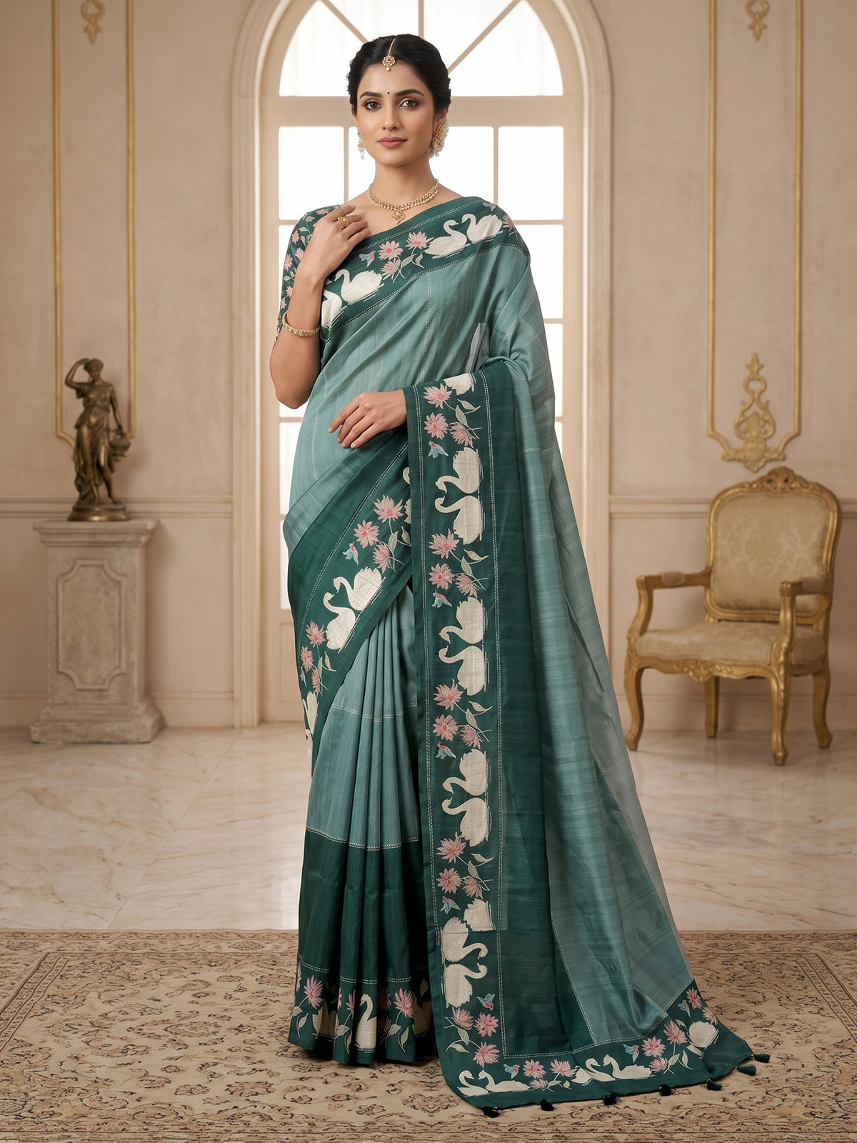 Green swan lotus festive tussar saree