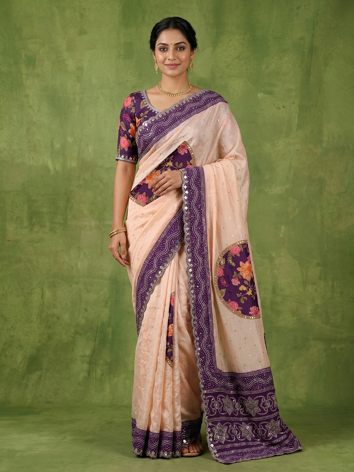 Peach floral mirror work dola silk saree