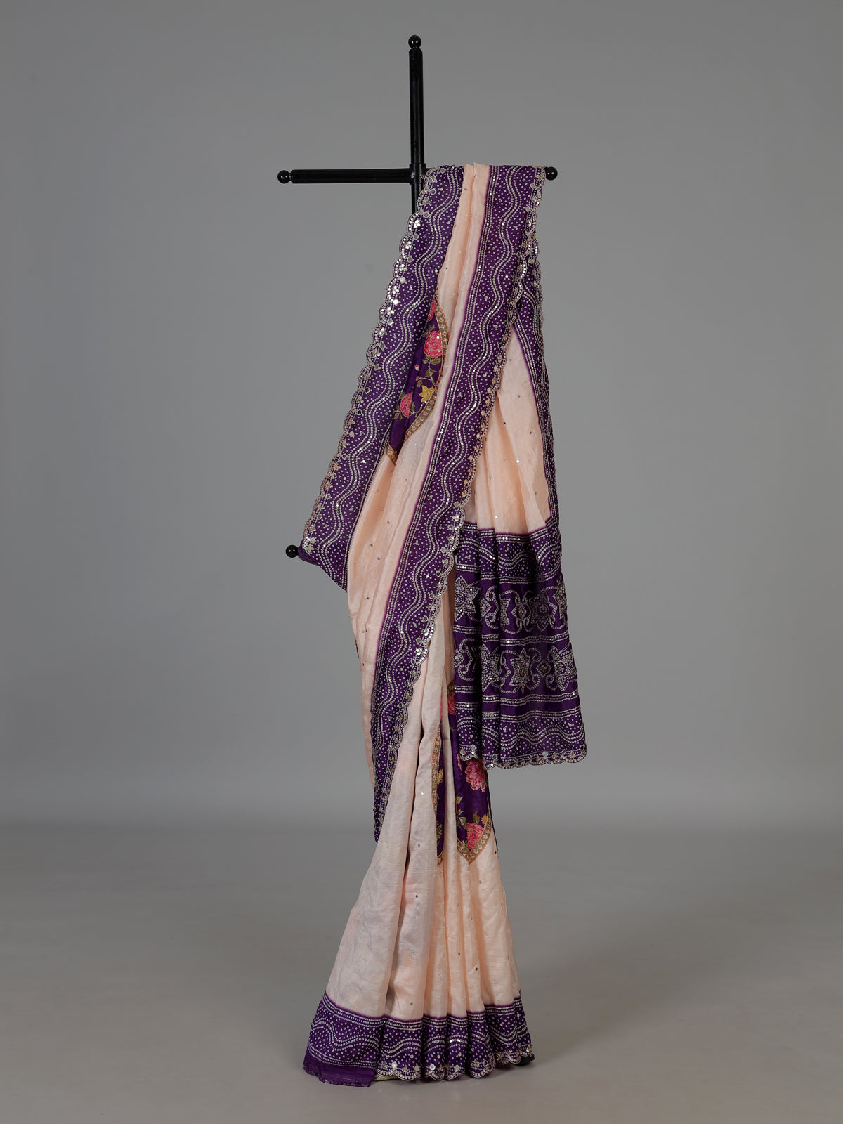 Peach floral mirror work dola silk saree