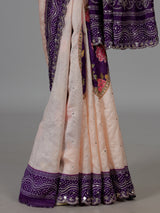 Peach floral mirror work dola silk saree
