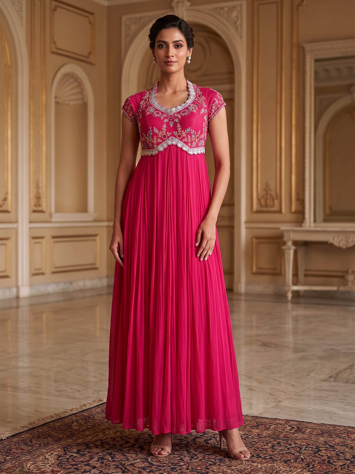 Fuchsia pink georgette festive floor length Anarkali suit