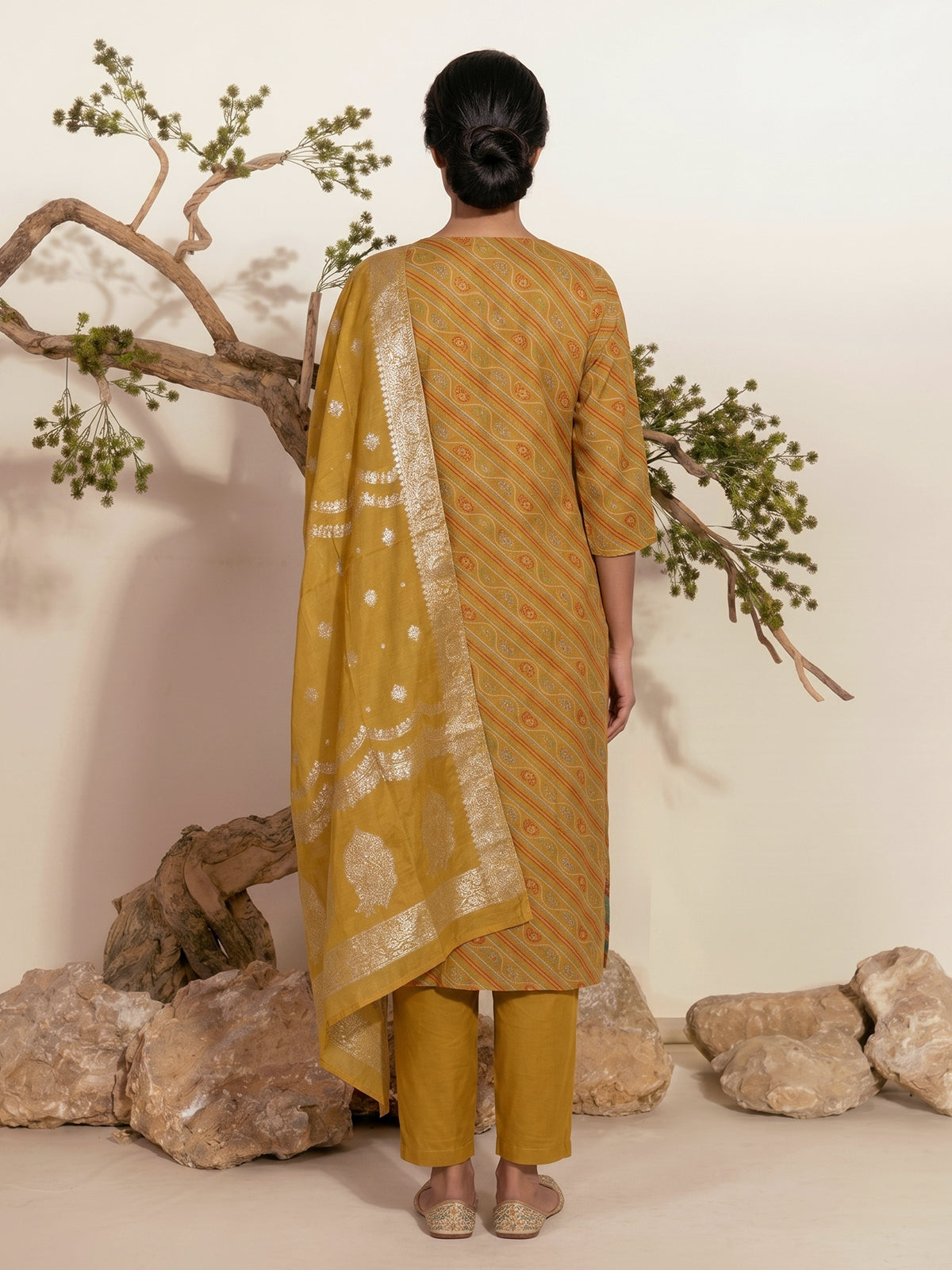 Mustard yellow silk kurti set with zari and cutdana detailing