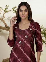 Dark brown cotton silk kurti set with thread and mirror work