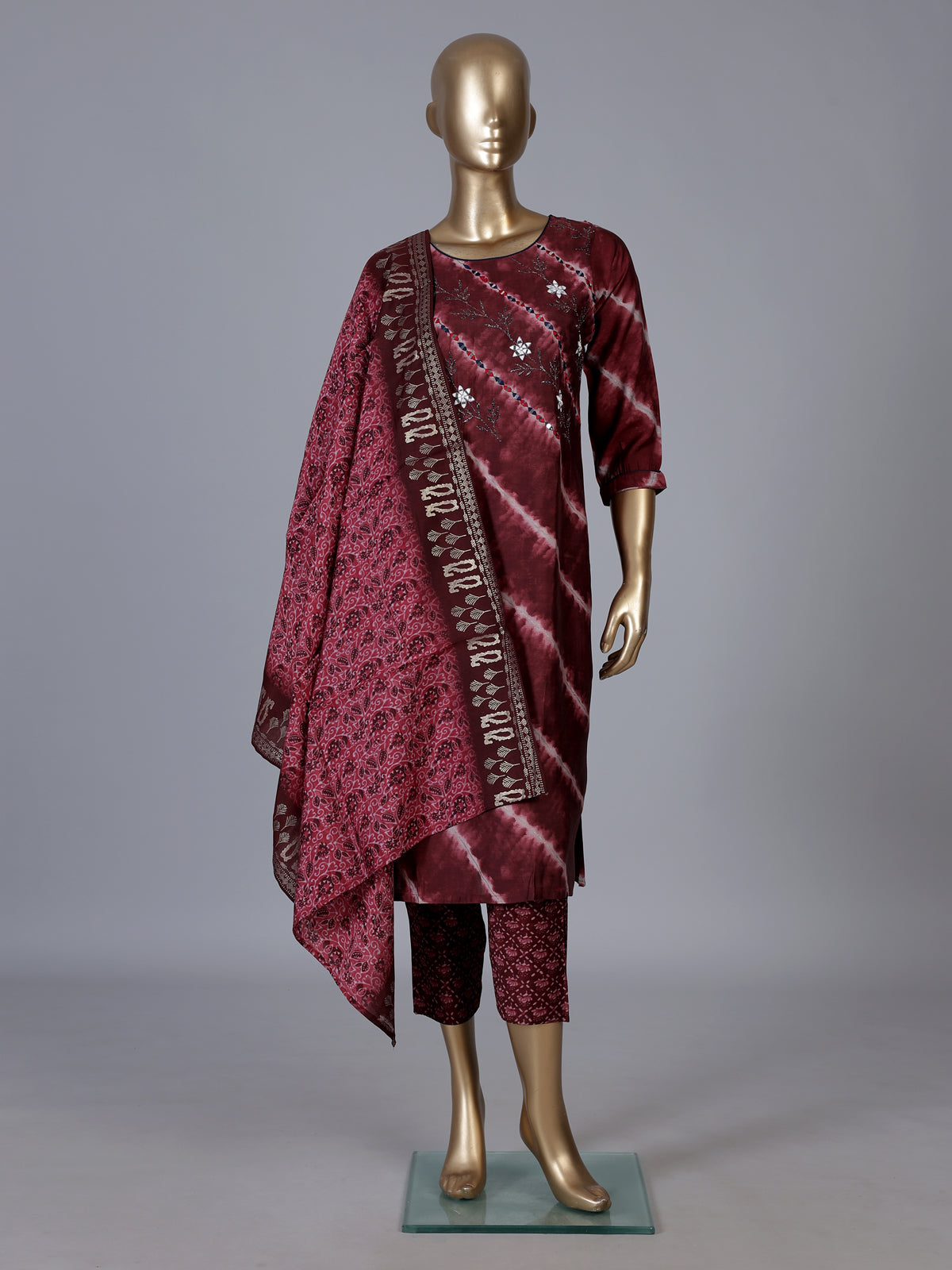 Dark brown cotton silk kurti set with thread and mirror work