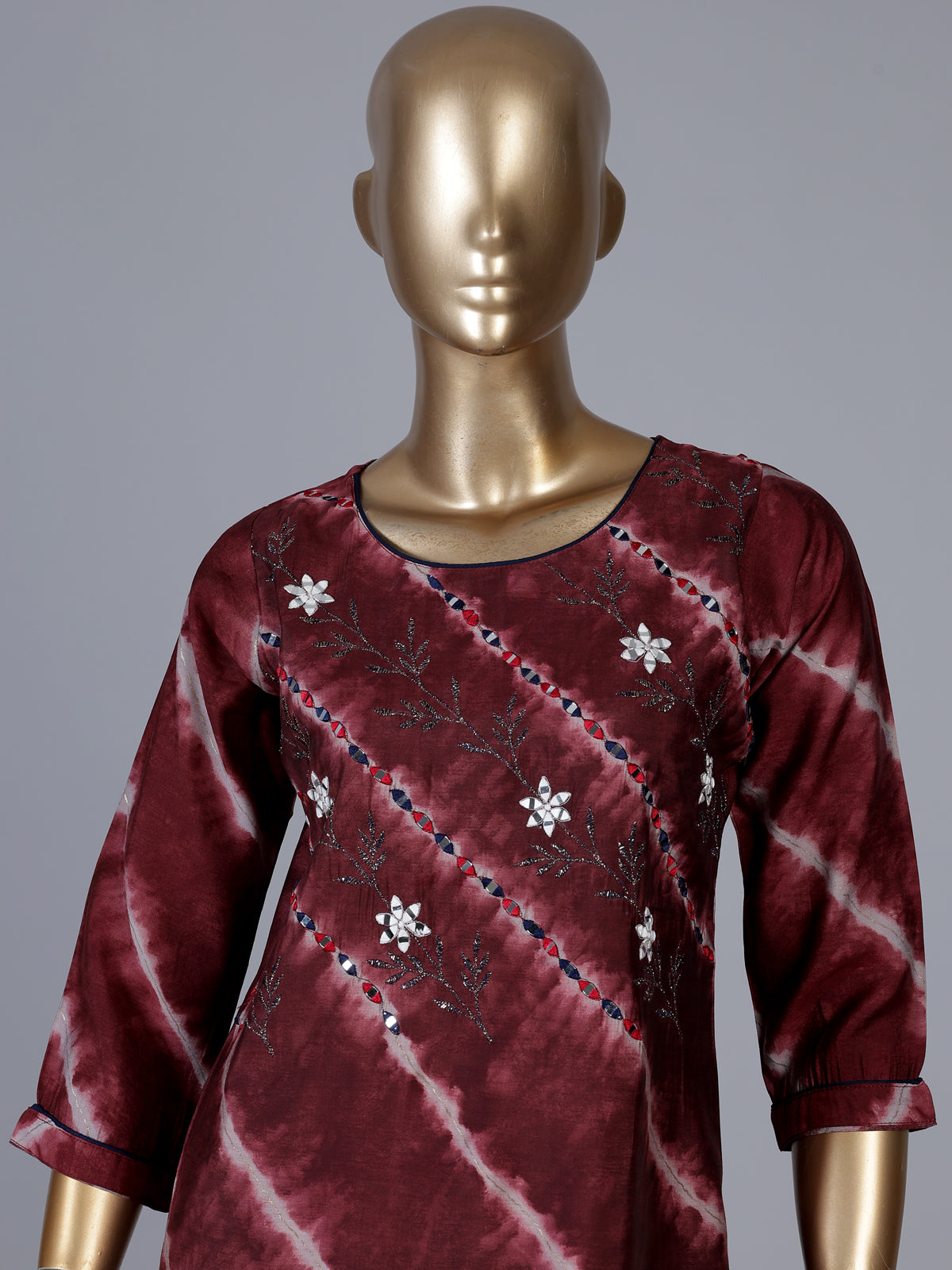 Dark brown cotton silk kurti set with thread and mirror work