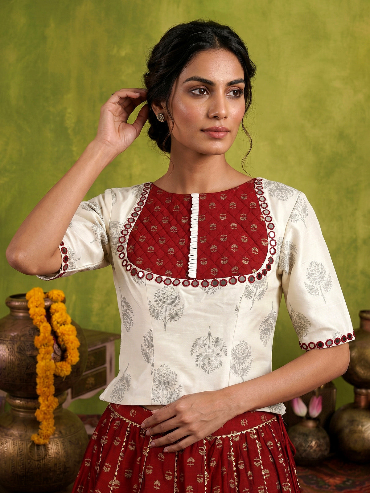 Cream maroon traditional festive lehenga choli