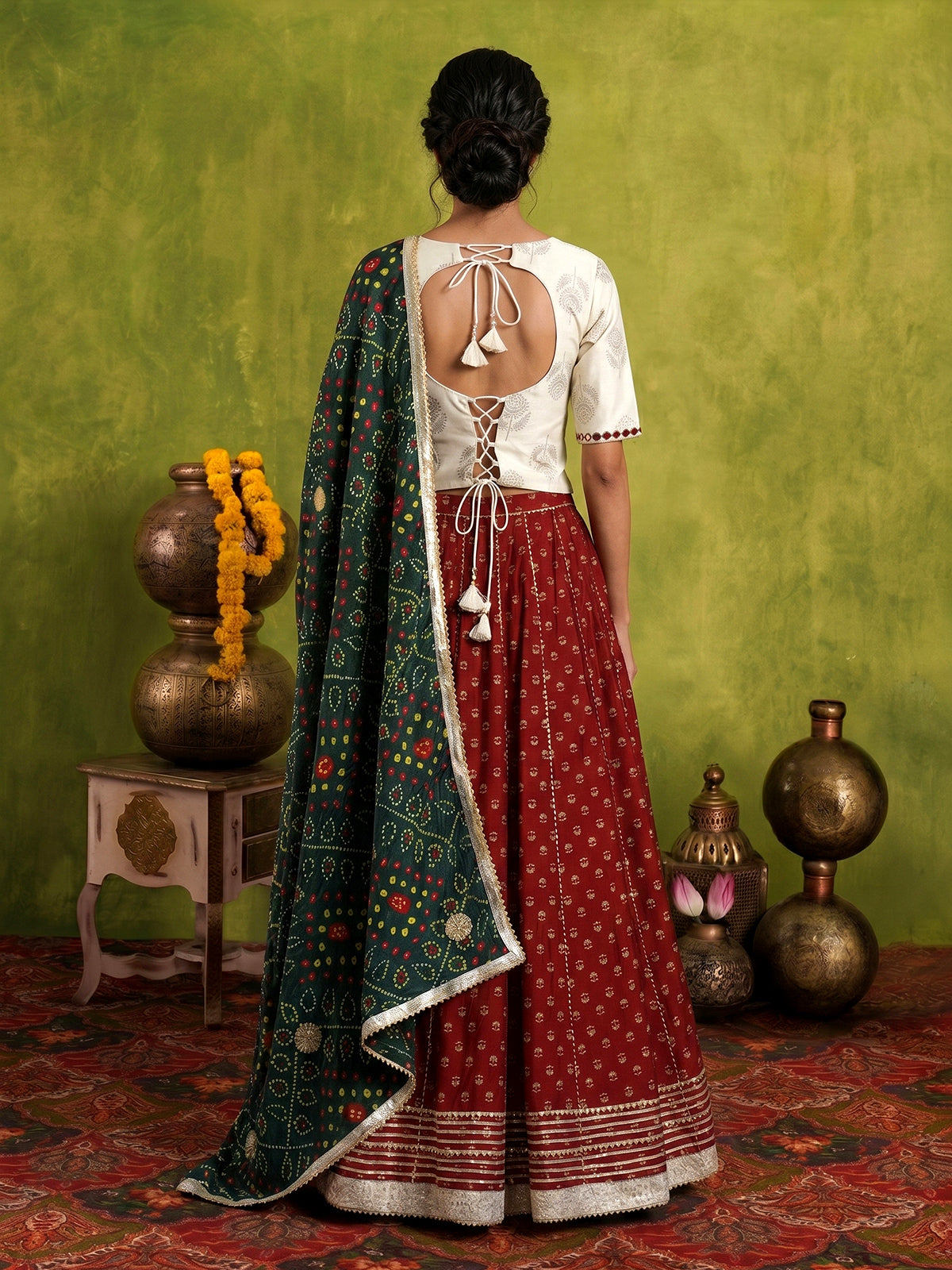 Cream maroon traditional festive lehenga choli