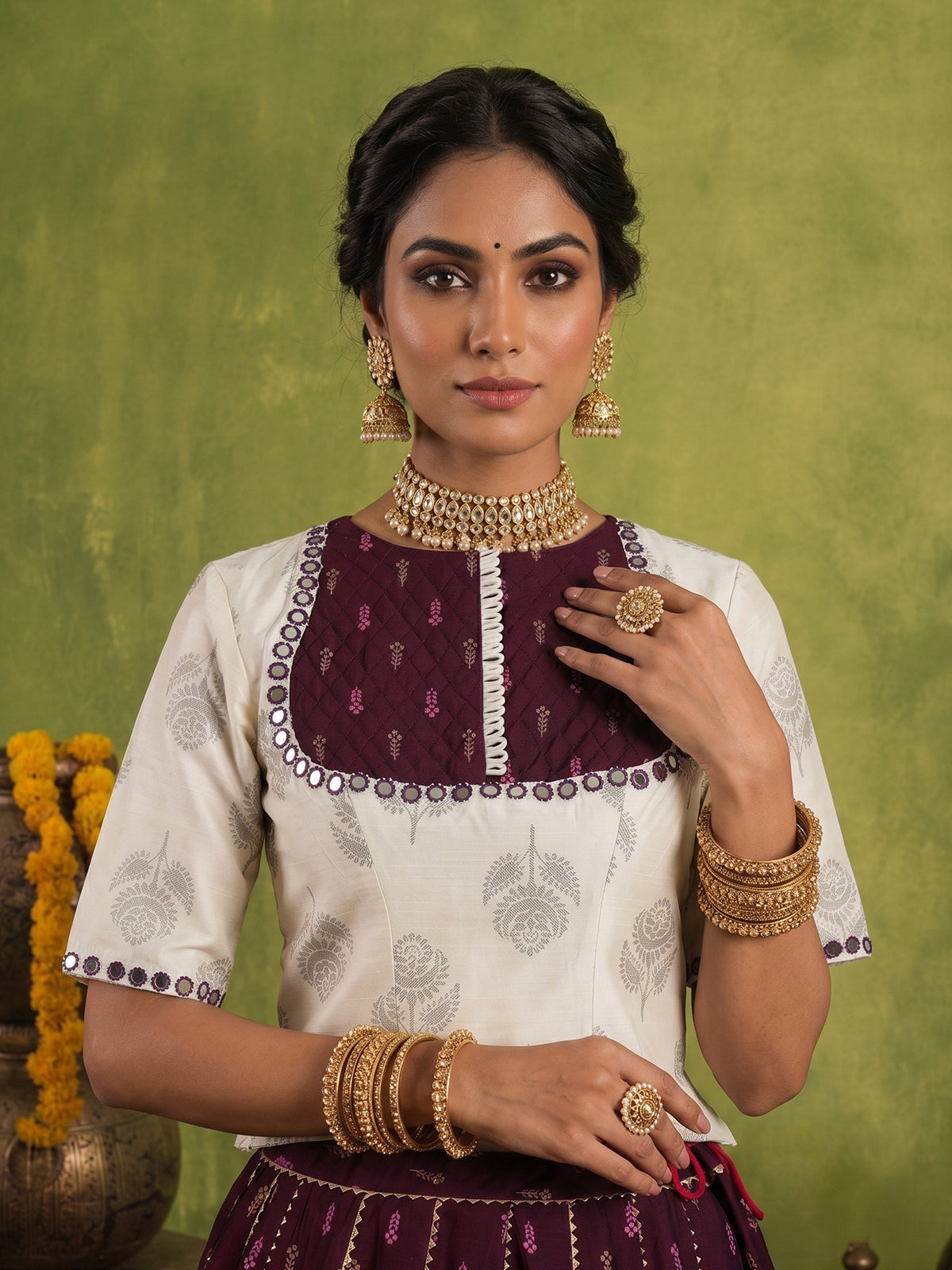 Cream wine cotton festive lehenga choli
