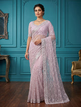 Baby pink party wear net saree with beads and cutdana work