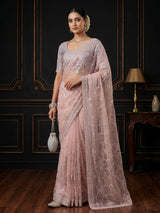 Peach tissue silk saree with beads and cutdana work