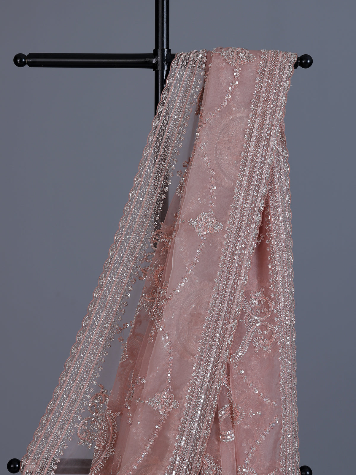 Peach tissue silk saree with beads and cutdana work