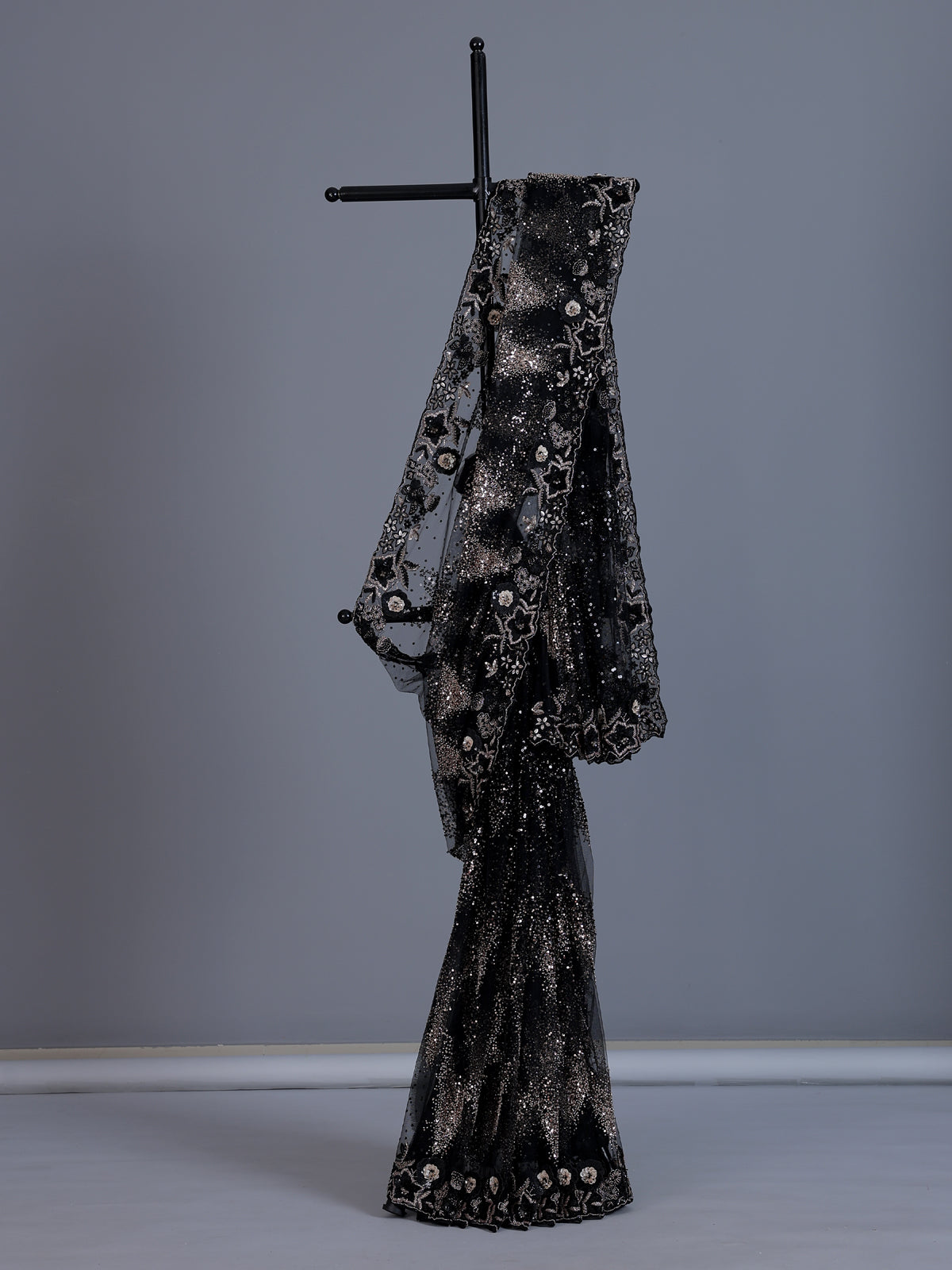 Black net saree with sequin and cutdana work