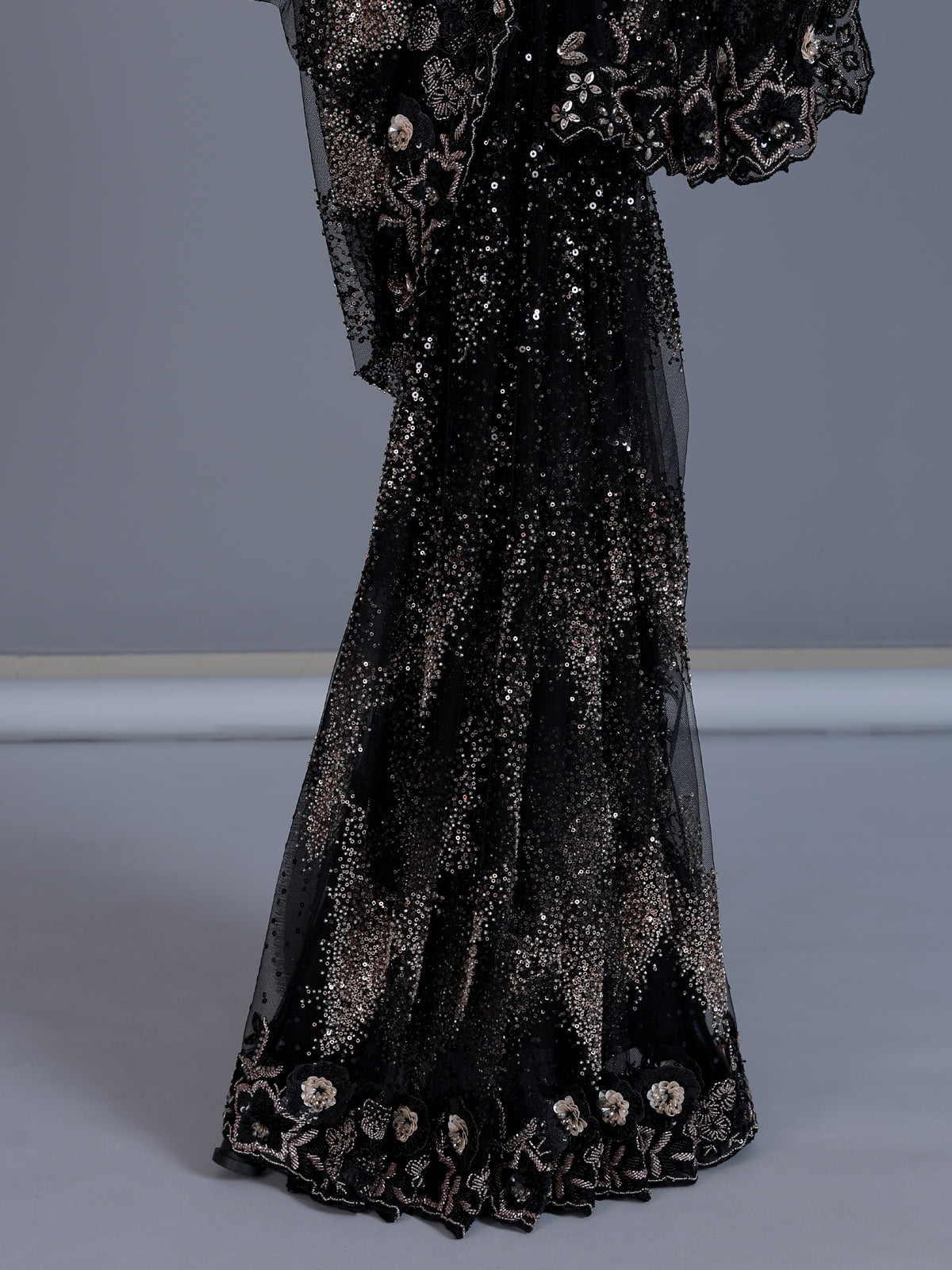 Black net saree with sequin and cutdana work