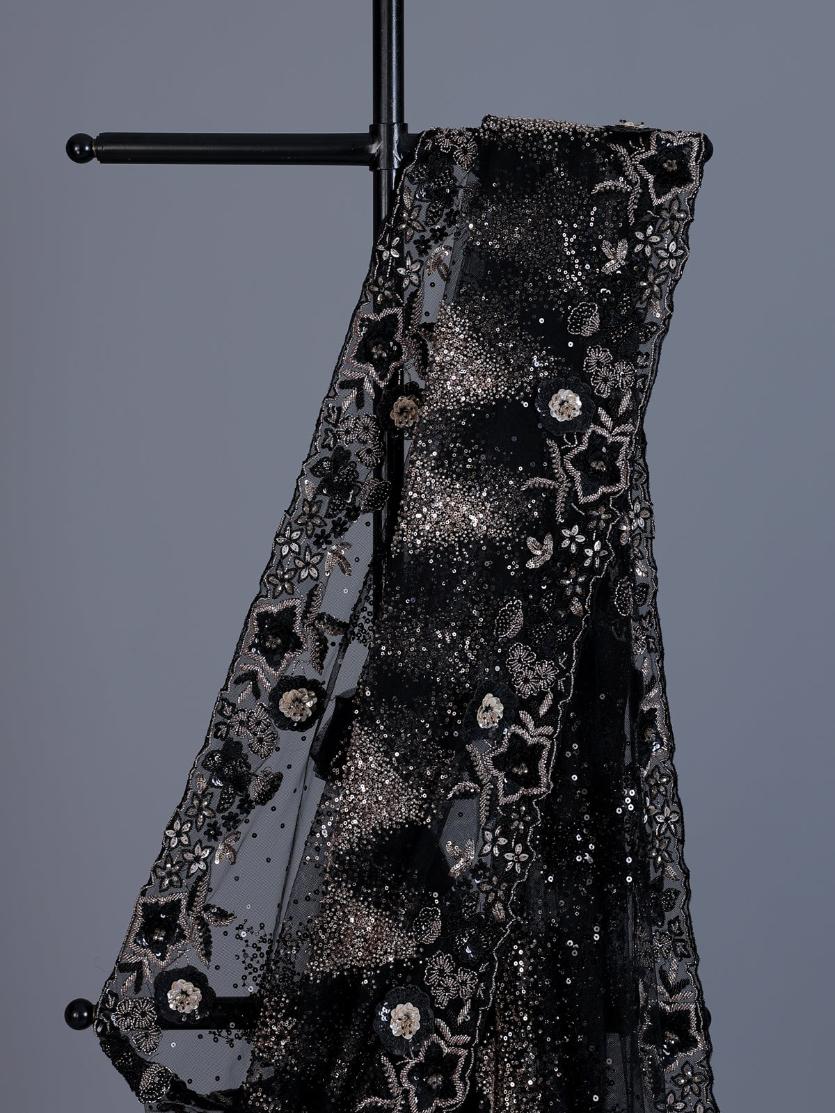 Black net saree with sequin and cutdana work