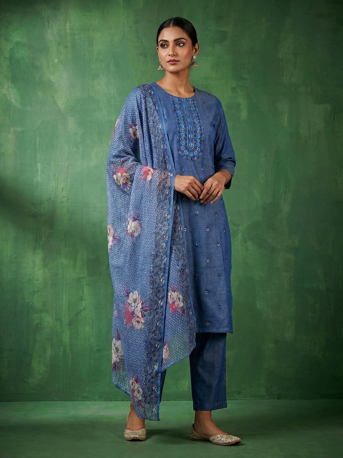 Indigo blue cotton kurti set with sequins detailed placket