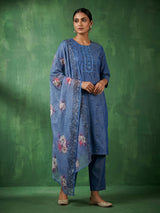 Indigo blue cotton kurti set with sequins detailed placket