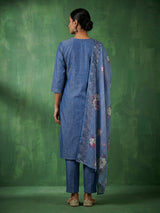 Indigo blue cotton kurti set with sequins detailed placket