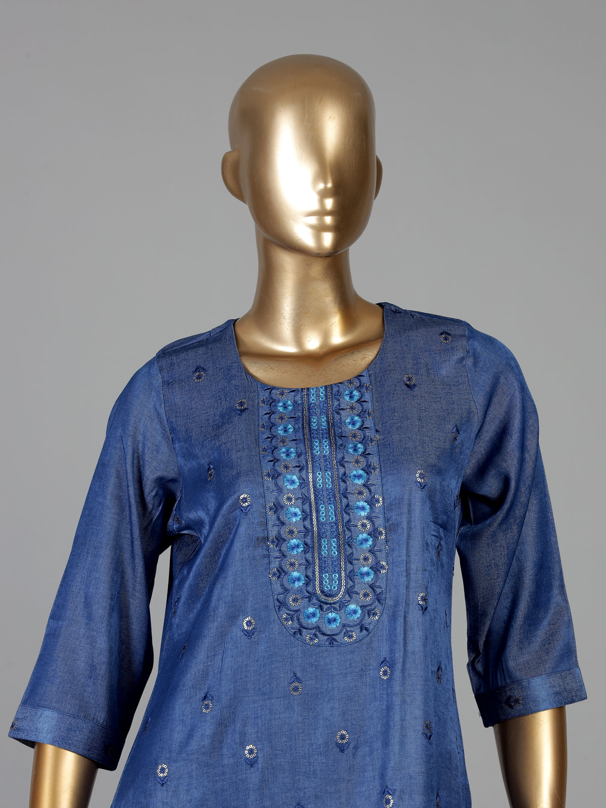 Indigo blue cotton kurti set with sequins detailed placket