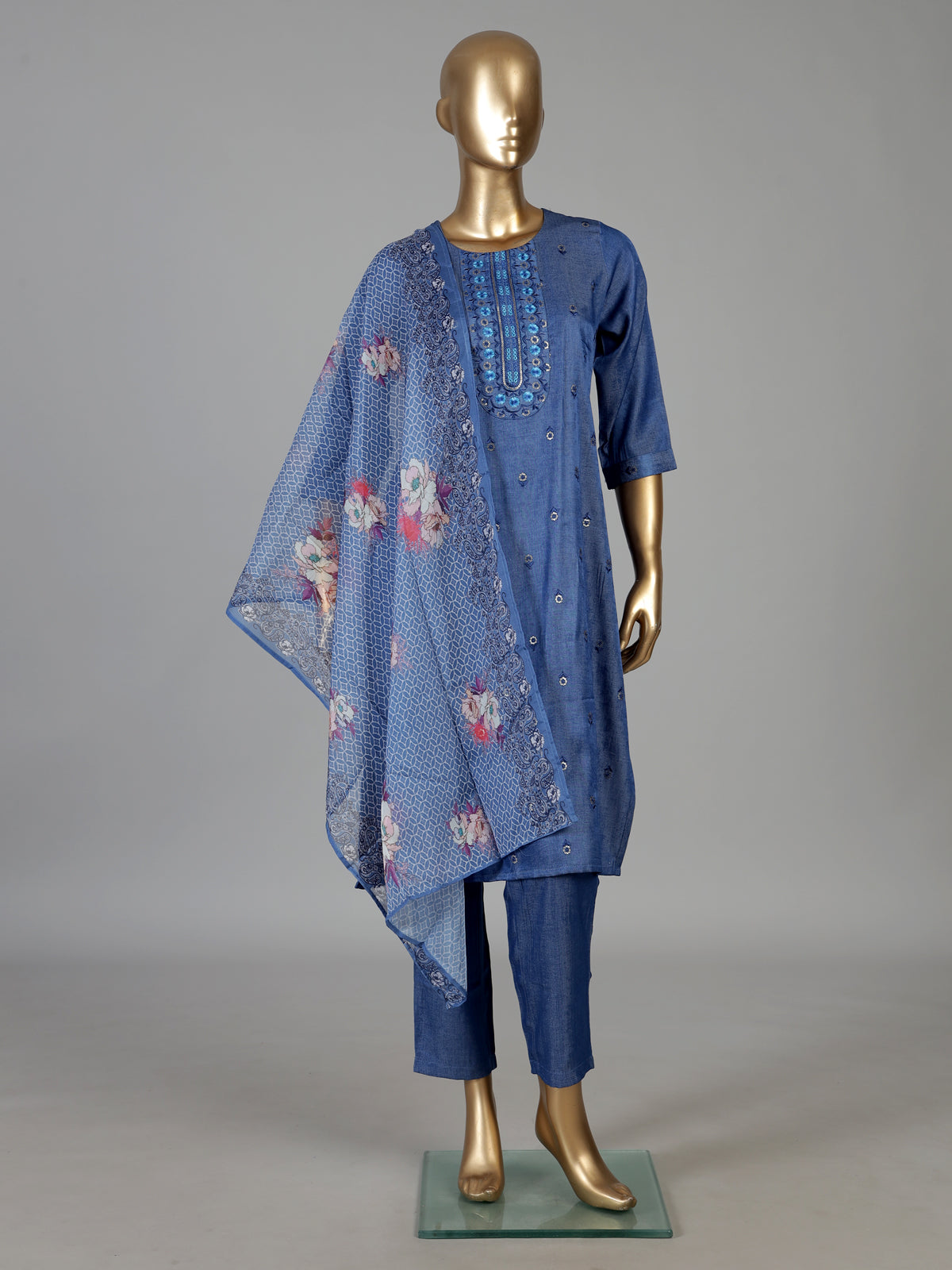 Indigo blue cotton kurti set with sequins detailed placket