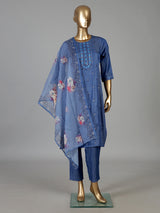 Indigo blue cotton kurti set with sequins detailed placket