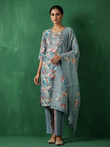 Teal blue floral printed cotton kurti set