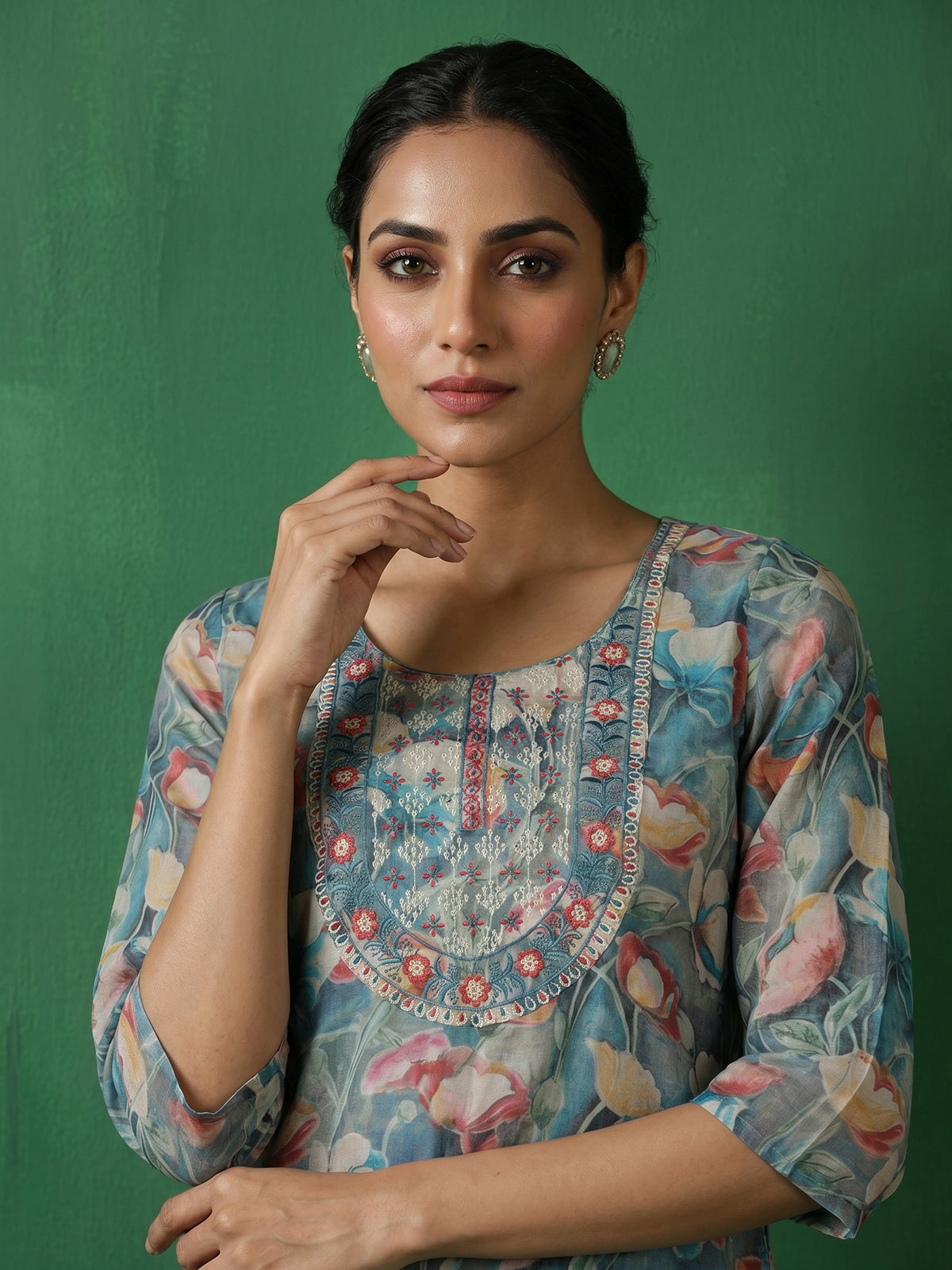Teal blue floral printed cotton kurti set