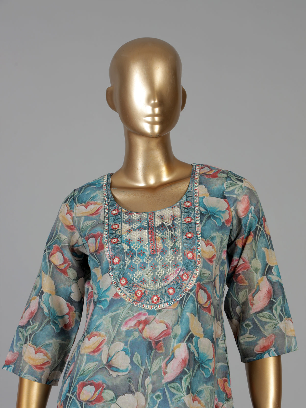 Teal blue floral printed cotton kurti set
