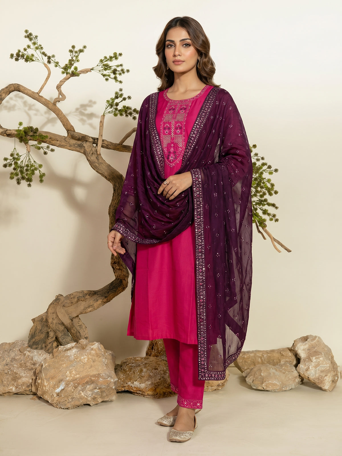 Rani pink silk festive kurti set with embroidered placket