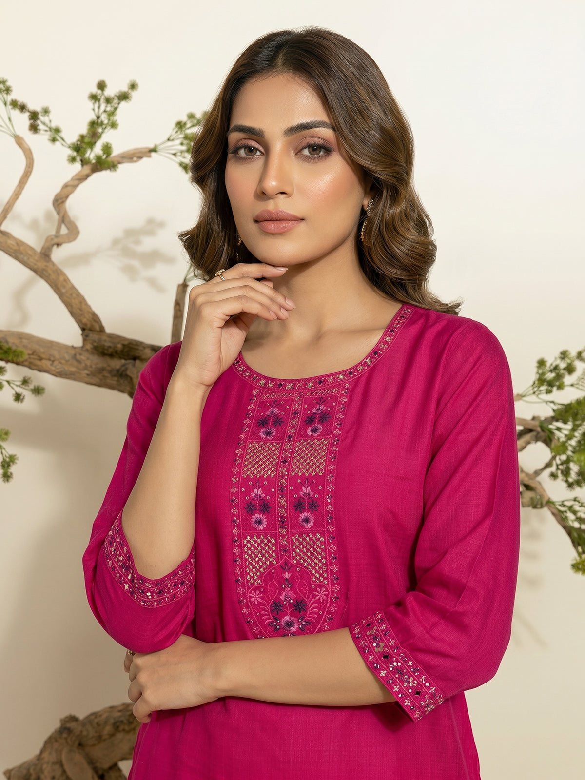 Rani pink silk festive kurti set with embroidered placket