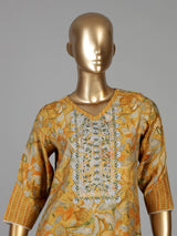 Mustard yellow floral printed cotton blend kurti set