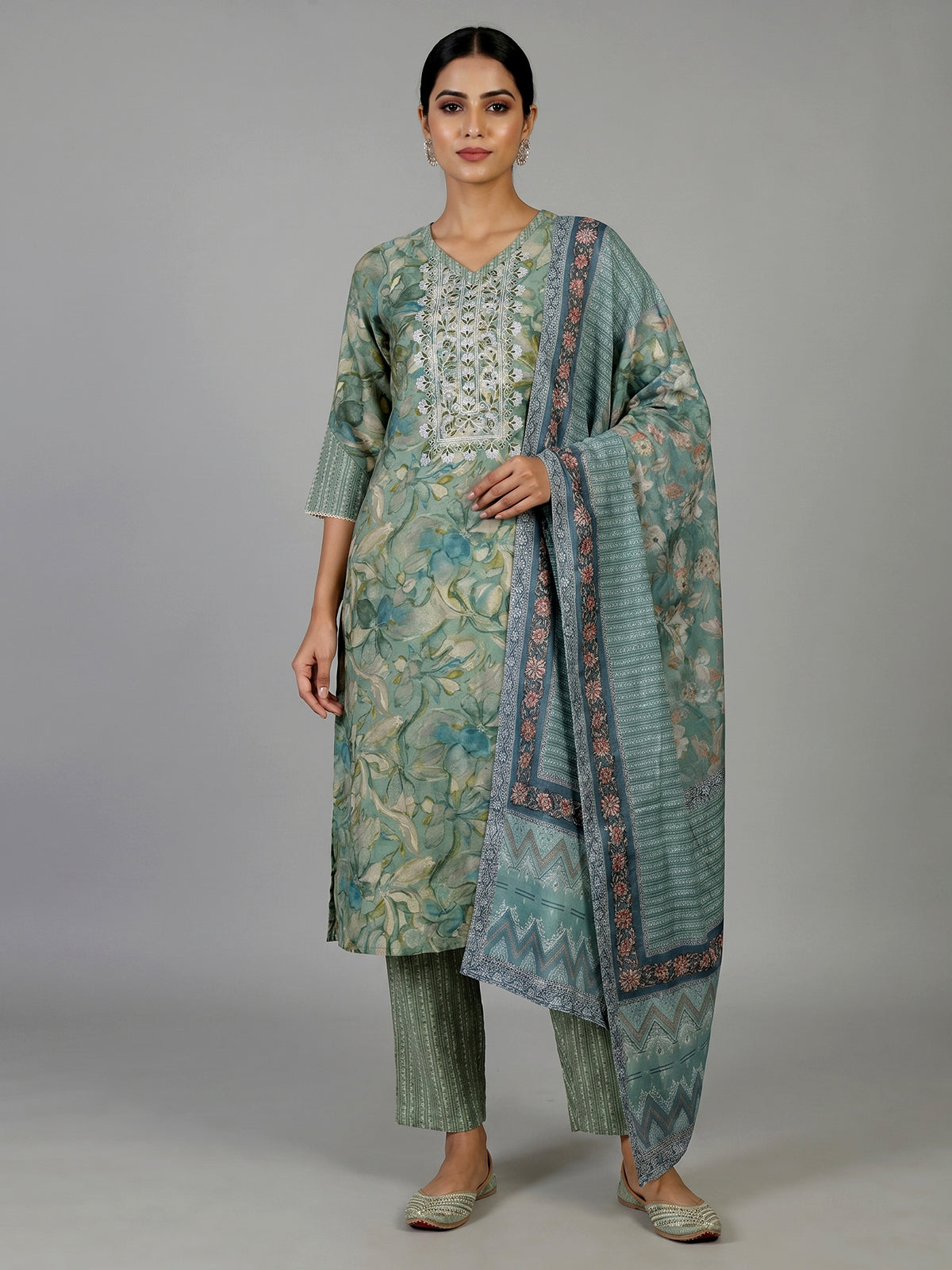 Sage green printed cotton kurti set with embroidered V neck