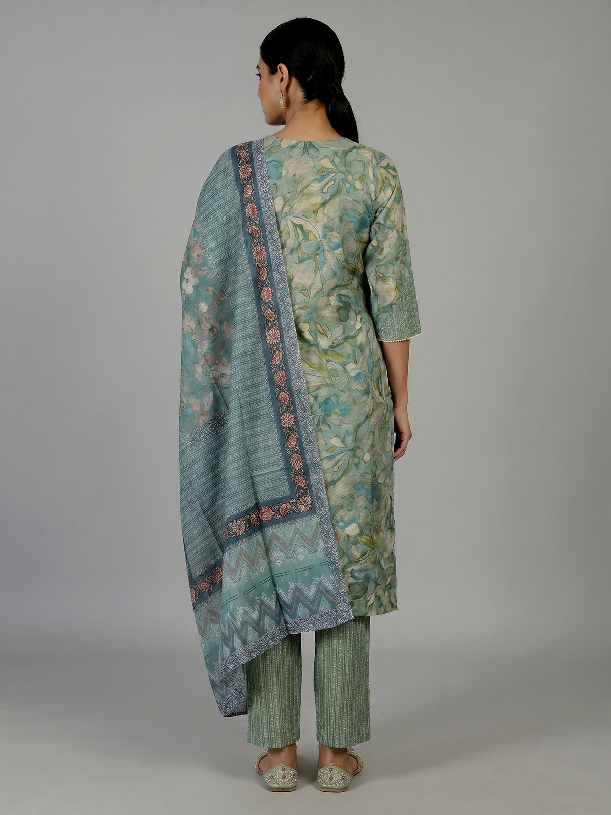 Sage green printed cotton kurti set with embroidered V neck