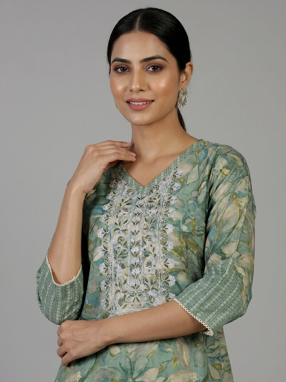Sage green printed cotton kurti set with embroidered V neck
