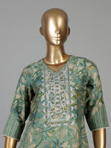 Sage green printed cotton kurti set with embroidered V neck